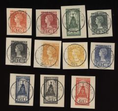 Frankeerserie Nederland NVPH nrs 121-131 gestempeld op briefstukjes