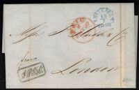 Brief van Amsterdam naar Londen. Halfrond stempel Amsterdam A 19.7 (.1850) in blauw. Aankomst PAID 22.7.1850