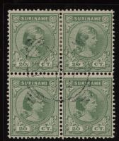 Frankeerzegels Ned.Suriname NVPH nr. 26 in blok van 4 gestempeld