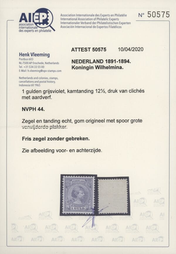 Frankeerzegel Nederland NVPH nr. 44 ongebruikt met Vleeming certificaat - Afbeelding 2