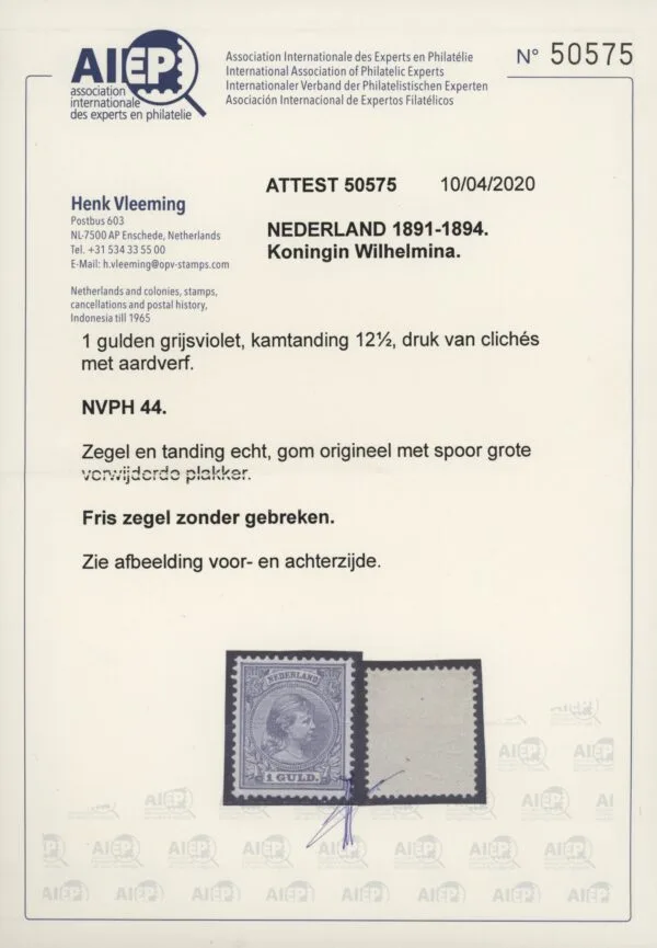 Frankeerzegel Nederland NVPH nr. 44 ongebruikt met Vleeming certificaat - Afbeelding 2