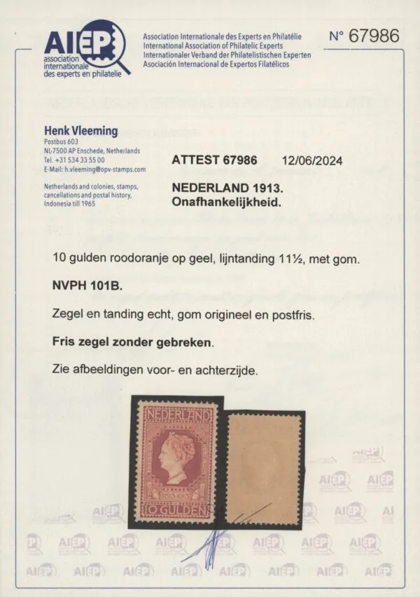 Frankeerzegel Nederland NVPH nr. 101B postfris met certificaat Vleeming - Afbeelding 2