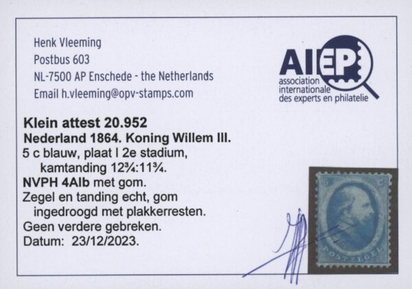 Frankeerzegel Nederland NVPH nr. 4AIb ongebruikt met attest Vleeming - Afbeelding 2