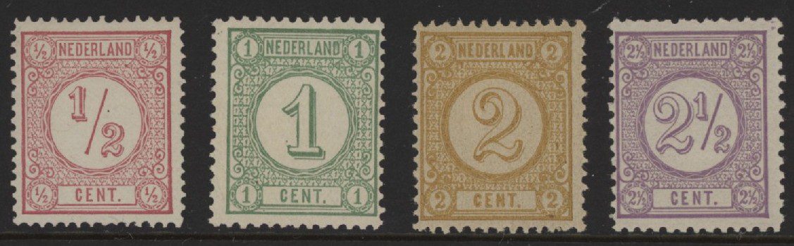 Frankeerzegels Nederland NVPH nrs. 30BI, 31F, 32F en 33C postfris met certifcaat Vleeming