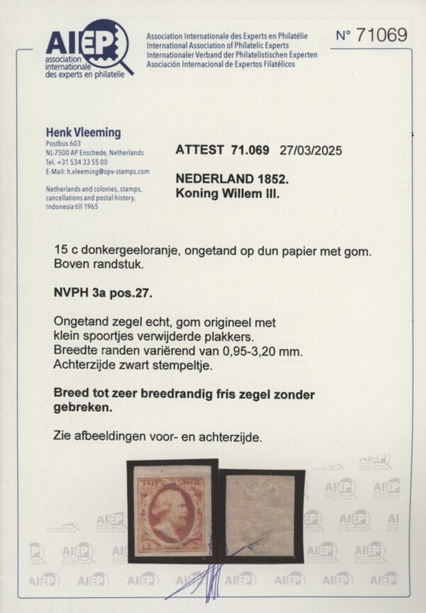 Frankeerzegel Nederland NVPH nr. 3a  positie 27 ongebruikt met certificaat Vleeming - Afbeelding 2