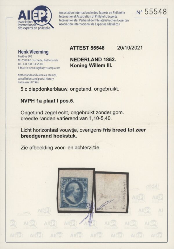 Frankeerzegel Nederland NVPH nr.1a plaat I positie 5 ongebruikt met certificaat Vleeming - Afbeelding 2