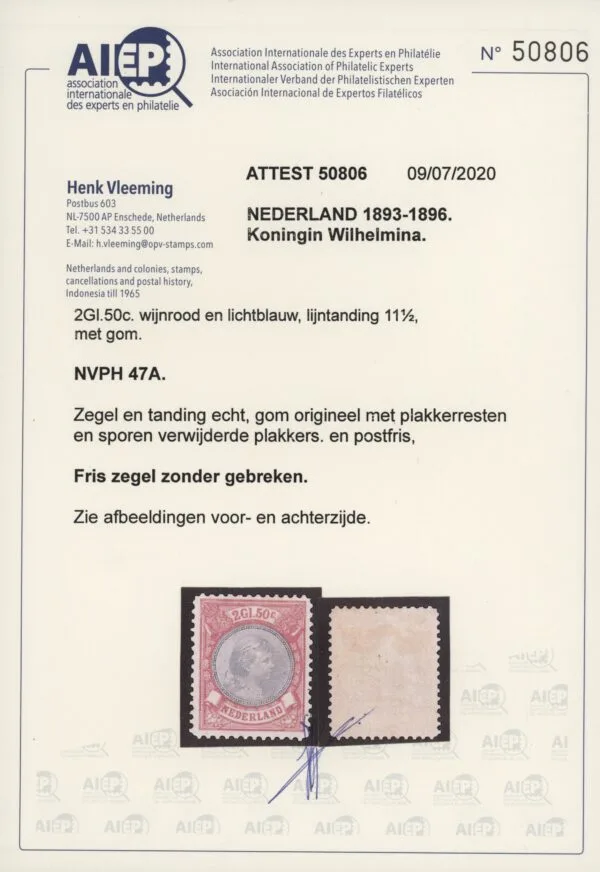 Frankeerzegel Nederland NVPH nr. 47A ongebruikt met Vleeming certificaat - Afbeelding 2