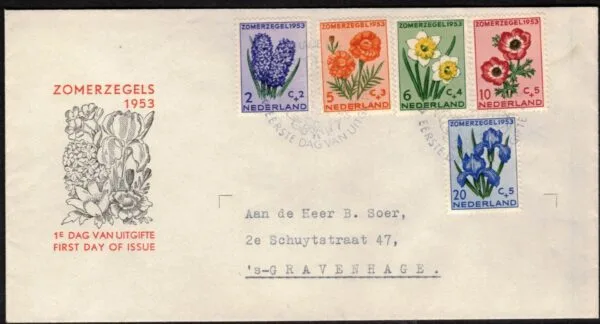 FDC Nederland NVPH nr. E13 met getypt adres, open klep en met certificaat Vleeming