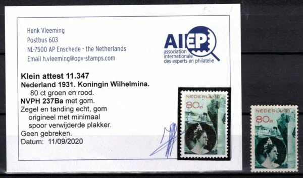 Frankeerzegel Nederland NVPH nr. 237Ba ongebruikt met attest Vleeming