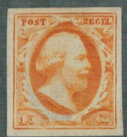 Frankeerzegel Nederland Nvph nr.3a,15 ct donkergeeloranje,ongebruikt zonder gom,luxe exemplaar