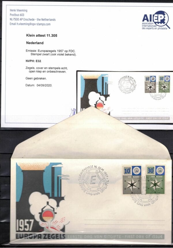 Luxe FDC Nederland Nvph nr.32 .Onbeschreven en met open klep. Certificaat H.Vleeming