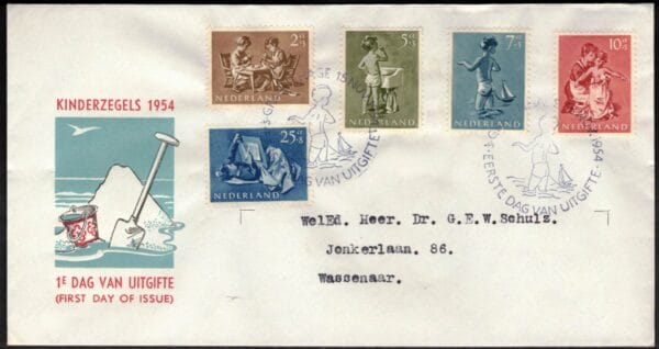FDC Nederland nr.19 met getypt adres, open klep