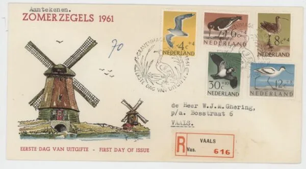FDC Nederland NVPH nr. E47 getypt adres met aantekenstrookje