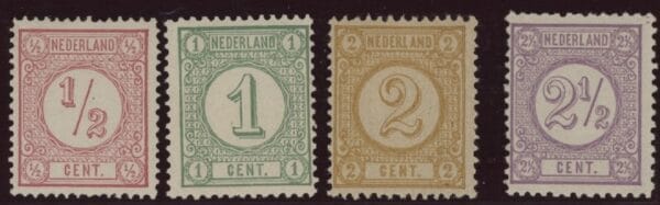 Frankeerzegels Nederland NVPH nrs. 30BI, 31F, 32F en 33C postfris met certifcaat Vleeming