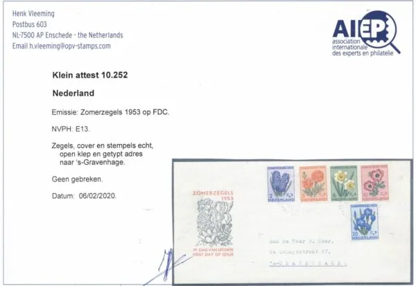 FDC Nederland NVPH nr. E13 met getypt adres, open klep en met certificaat Vleeming - Afbeelding 2
