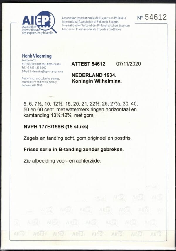Frankeerzegels Nederland Nvph nr.177b-198b (15 stuks) POSTFRIS Cert.H.Vleeming - Afbeelding 2