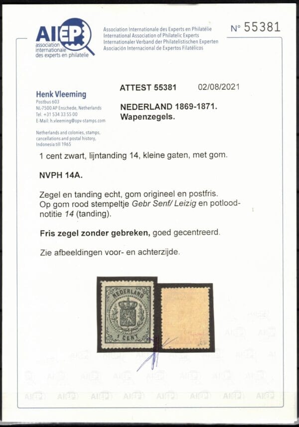 Frankeerzegel Nederland NVPH nr.14A postfris met certificaat Vleeming - Afbeelding 2