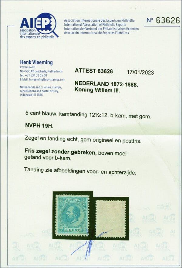 Frankeerzegel Nederland NVPH nr. 19H postfris met certificaat Vleeming - Afbeelding 2