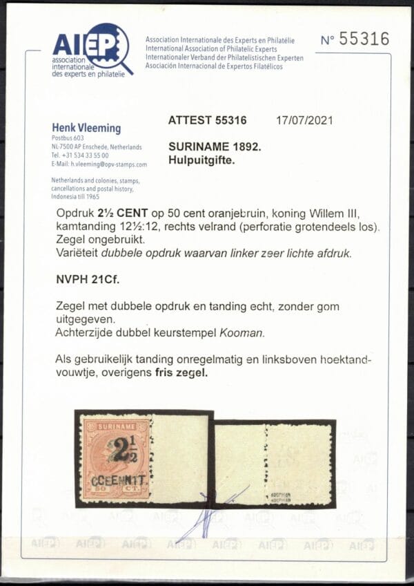 Frankeerzegel Ned.Suriname NVPH nr. 21Cf met certificaat Vleeming - Afbeelding 2