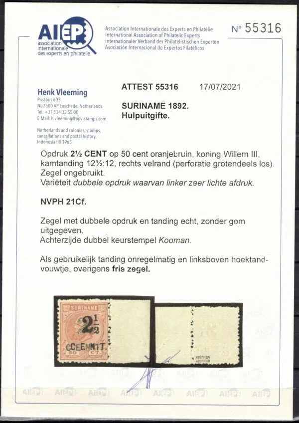 Frankeerzegel Ned.Suriname NVPH nr. 21Cf met certificaat Vleeming - Afbeelding 2