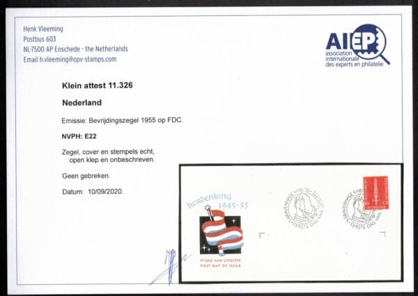 LUXE FDC Nederland Nvph nr.E22. Onbeschreven,open klep en met cert.H.Vleeming - Afbeelding 2