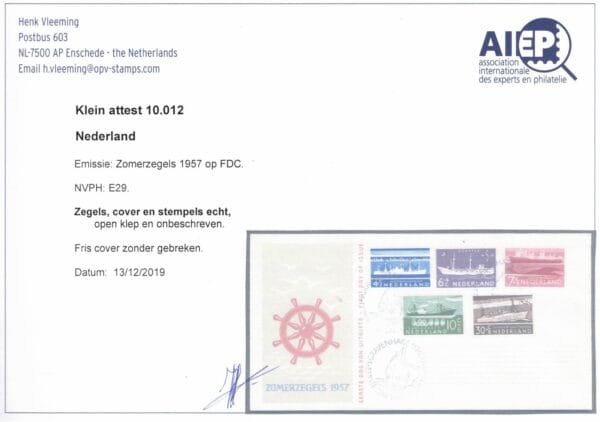 LUXE FDC Nederland Nvph nr.E29. Onbeschreven,open klep en met cert.H.Vleeming - Afbeelding 2
