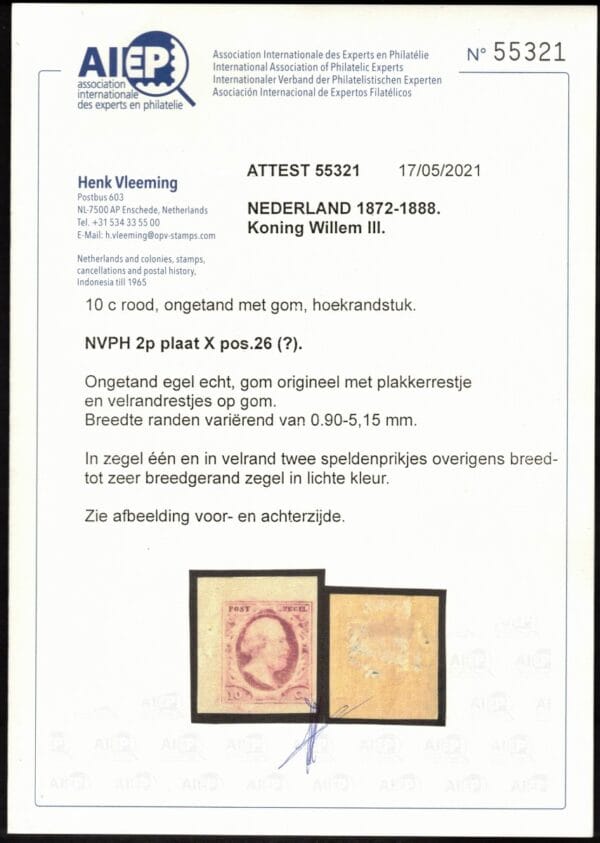 Frankeerzegel Nederland NVPH nr. 2p plaat X positie 26 (?) ongebruikt met certificaat Vleeming - Afbeelding 2