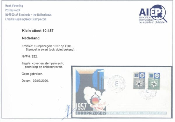 LUXE FDC Nederland Nvph nr.E32. Onbeschreven,open klep en met cert.H.Vleeming - Afbeelding 2