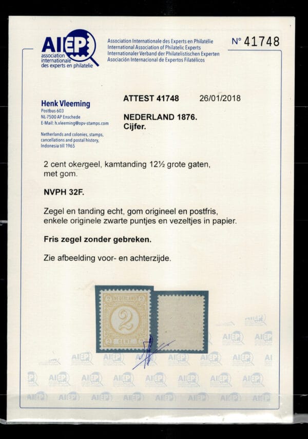 Frankeerzegel Nederland NVPH nr. 32F postfris met Vleeming certificaat - Afbeelding 2