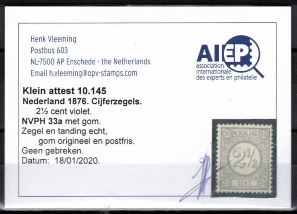Frankeerzegel Nederland NVPH nr. 33a postfris met attest Vleeming - Afbeelding 2