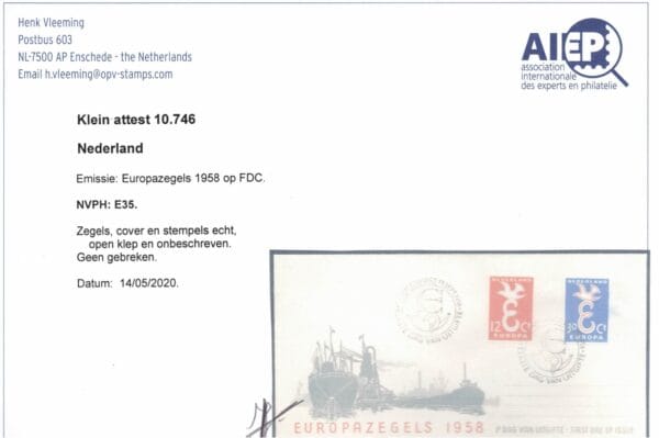 LUXE FDC Nederland Nvph nr.E35. Onbeschreven,open klep en met cert.H.Vleeming - Afbeelding 2