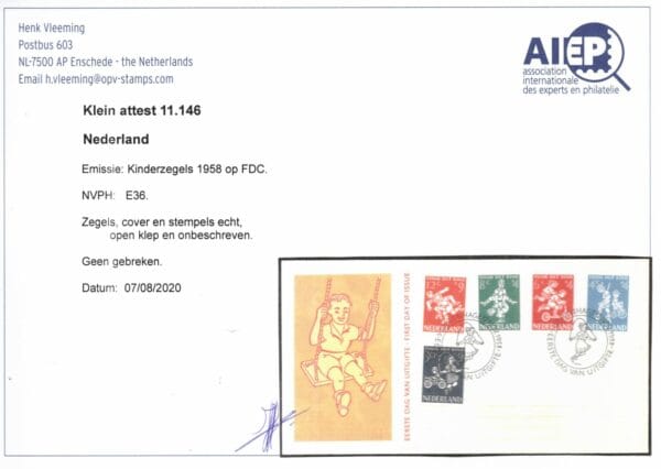 LUXE FDC Nederland Nvph nr.E36. Onbeschreven,open klep en met cert.H.Vleeming - Afbeelding 2