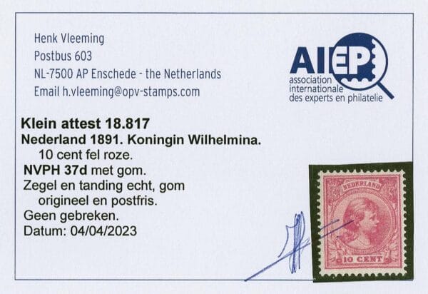 Frankeerzegel Nederland NVPH nr. 37d postfris met attest Vleeming - Afbeelding 2