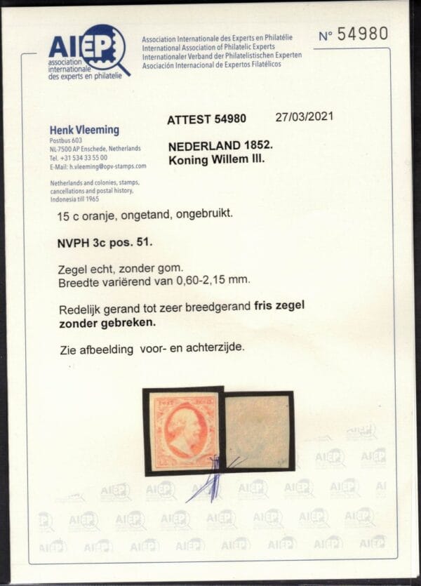 Frankeerzegel Nederland NVPH nr. 3c positie 51 ongebruikt met certificaat Vleeming - Afbeelding 2