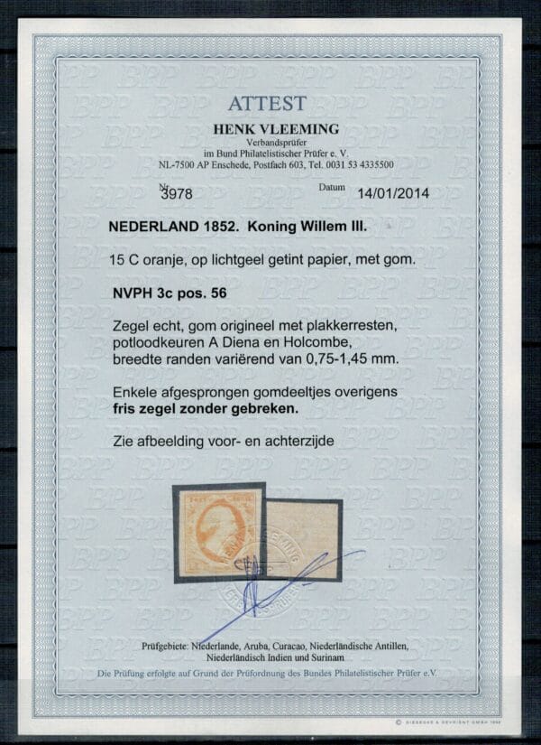 Frankeerzegel Nederland Nvph nr.3c pos.56 Ongebruikt met cert.Vleeming - Afbeelding 2