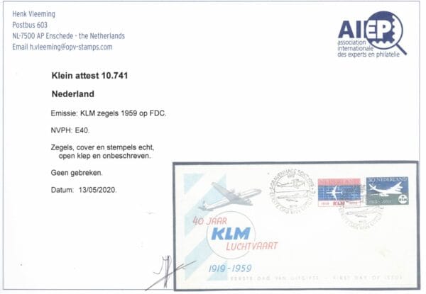 LUXE FDC Nederland Nvph nr.E40. Onbeschreven,open klep en met cert.H.Vleeming - Afbeelding 2