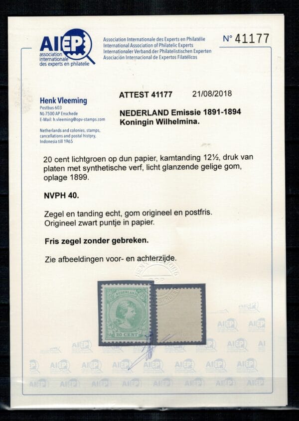 Frankeerzegel Nederland NVPH nr. 40 postfris met Vleeming certificaat - Afbeelding 2