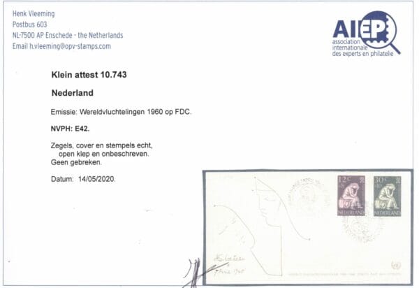 LUXE FDC Nederland Nvph nr.E42. Onbeschreven,open klep en met cert.H.Vleeming - Afbeelding 2