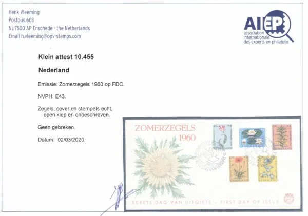 LUXE FDC Nederland Nvph nr.E43. Onbeschreven,open klep en met cert.H.Vleeming - Afbeelding 2