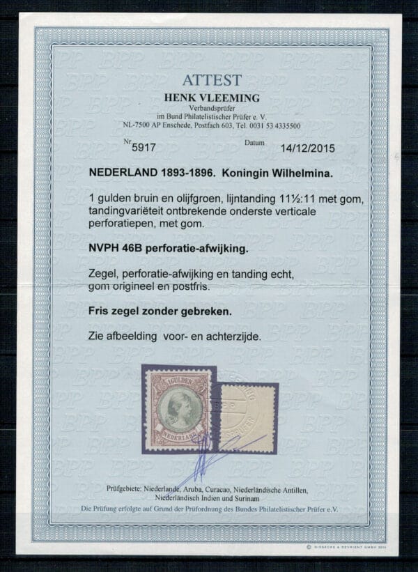 Frankeerzegel Nederland Nvph nr.46B POSTFRIS met PERFORATIEAFWIJKING. Lees cert.H.Vleeming - Afbeelding 2