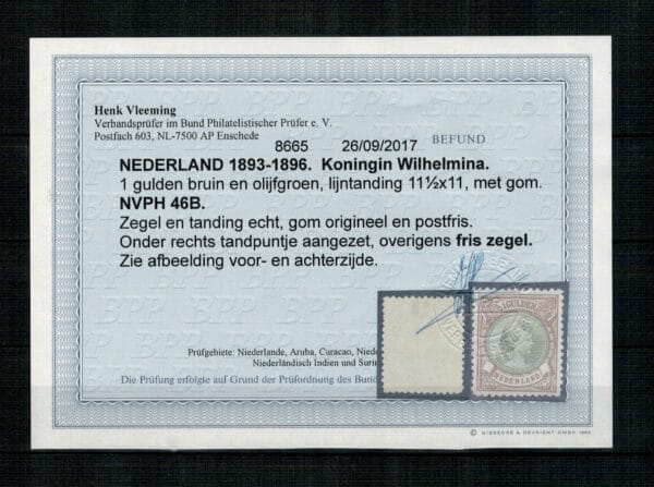 Frankeerzegel Nederland Nvph nr.46B .POSTFRIS met befund H.Vleeming - Afbeelding 2