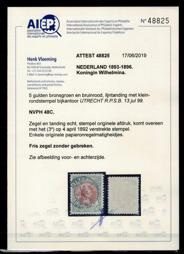 Frankeerzegel Nederland Nvph nr.48 Gestempeld. Mooi leesbaar stempel. Cert.Vleeming 17-06-2019 - Afbeelding 2