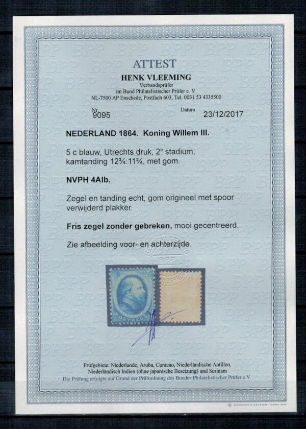 Frankeerzegel Nederland Nvph nr.4AIb Ongebruikt met cert.Vleeming - Afbeelding 2