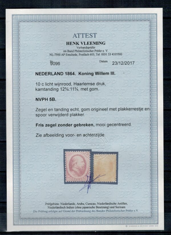 Frankeerzegel Nederland Nvph nr.5B Ongebruikt met cert.Vleeming - Afbeelding 2