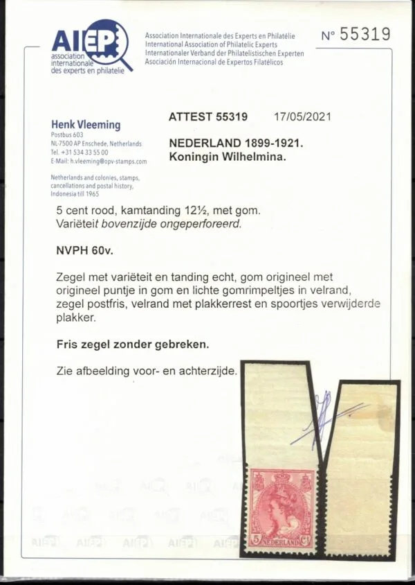 Frankeerzegel Nederland NVPH nr. 60v postfris met certificaat Vleeming - Afbeelding 2