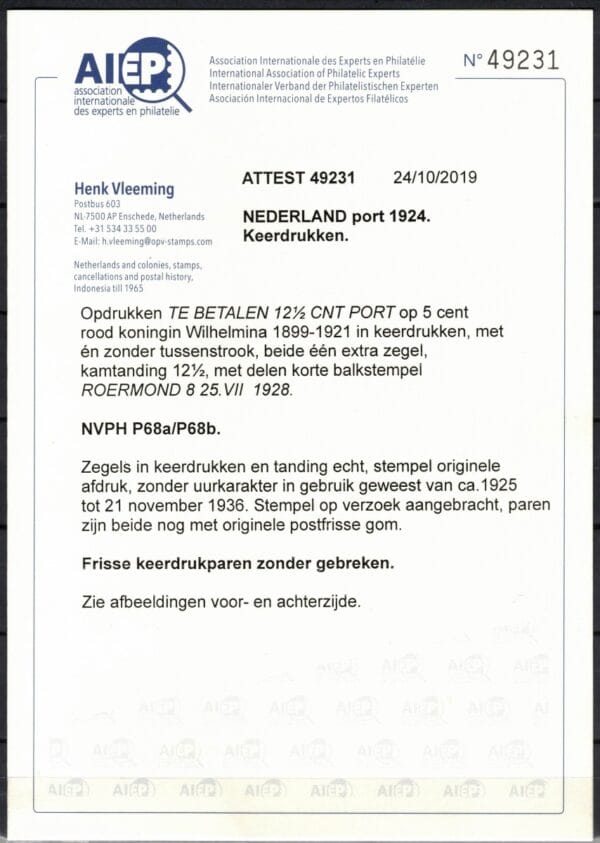 Portzegels Nederland NVPH nrs. P68a-P68b gestempeld met certificaat Vleeming - Afbeelding 2