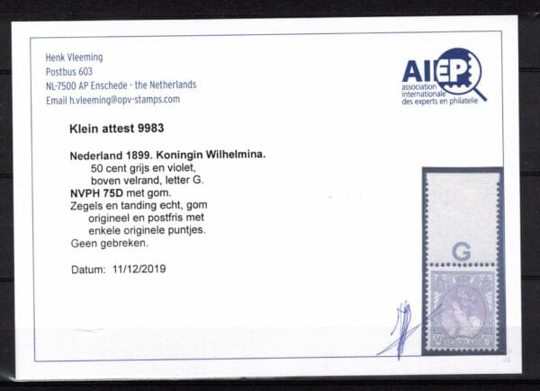Frankeerzegel Nederland Nvph nr.75D POSTFRIS  met boven velrand, letter G. Attest H.Vleeming - Afbeelding 2