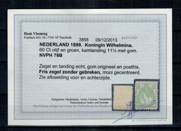 Frankeerzegel Nederland Nvph nr.76B. Postfris.Mooi gecentreerd. Met cert.Vleeming - Afbeelding 2