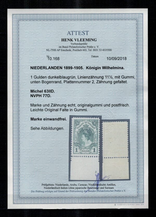 Frankeerzegel Nederland NVPH nr.77D postfris met certificaat Vleeming - Afbeelding 2