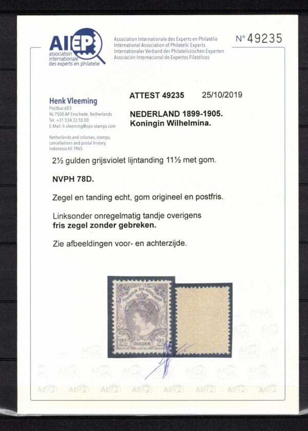 Frankeerzegel Nederland Nvph nr.78D POSTFRIS met cert.H.Vleeming - Afbeelding 2